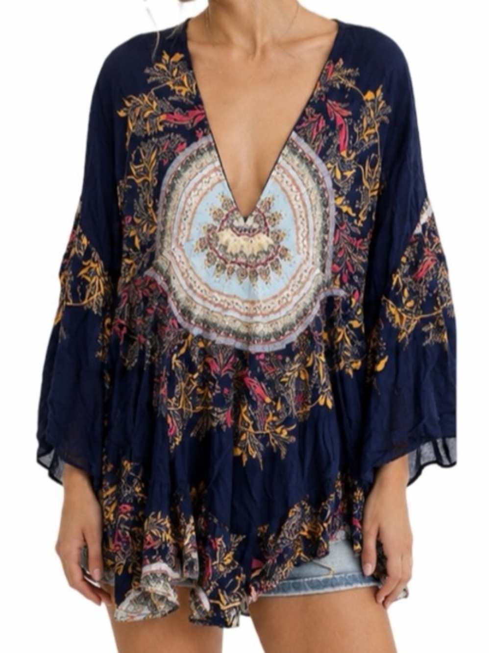 Free People XS Sunset Dreams Ruffle Printed Peasant Boho Tunic Top Blue Multi